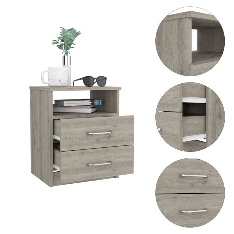 Comodino a 2 cassetti e 1 ripiano, nero / marrone scuro / rovere chiaro / bianco / grigio chiaro, 1 persona