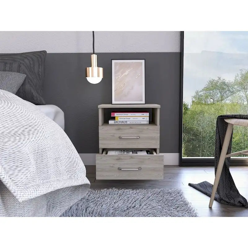 Comodino a 2 cassetti e 1 ripiano, nero / marrone scuro / rovere chiaro / bianco / grigio chiaro, 1 persona