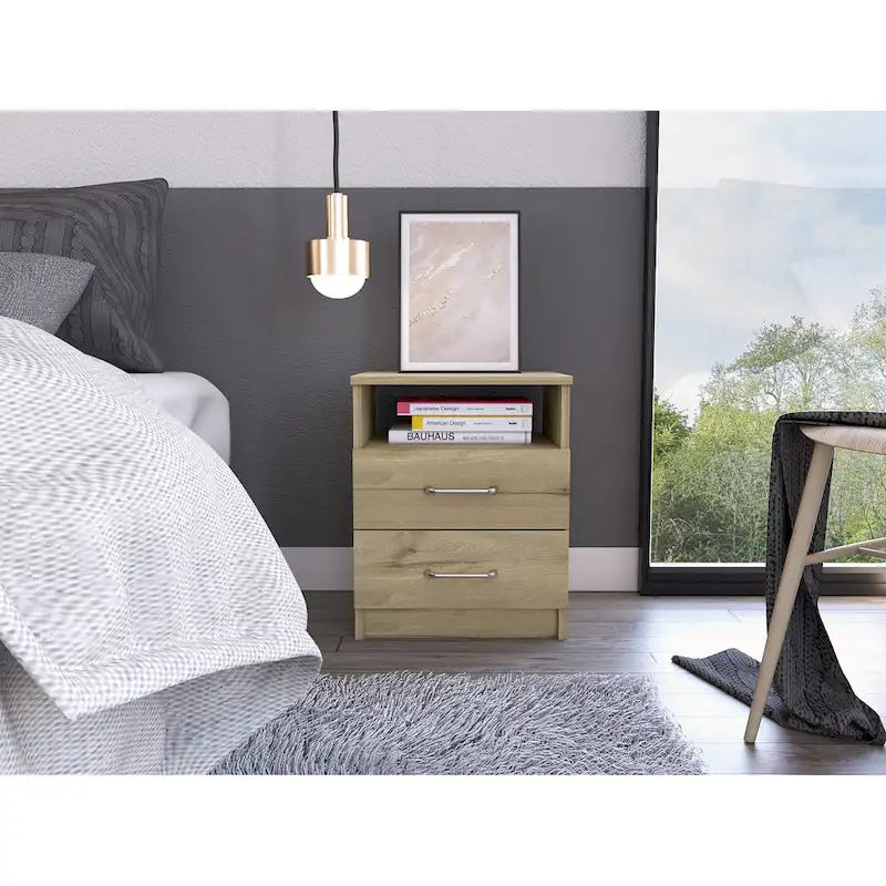 Comodino a 2 cassetti e 1 ripiano, nero / marrone scuro / rovere chiaro / bianco / grigio chiaro, 1 persona