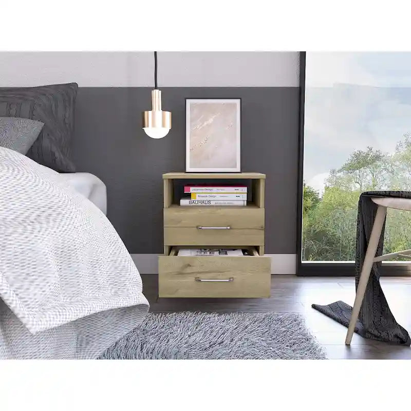 Comodino a 2 cassetti e 1 ripiano, nero / marrone scuro / rovere chiaro / bianco / grigio chiaro, 1 persona
