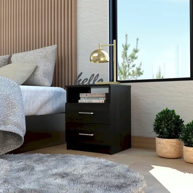 Comodino a 2 cassetti e 1 ripiano, nero / marrone scuro / rovere chiaro / bianco / grigio chiaro, 1 persona