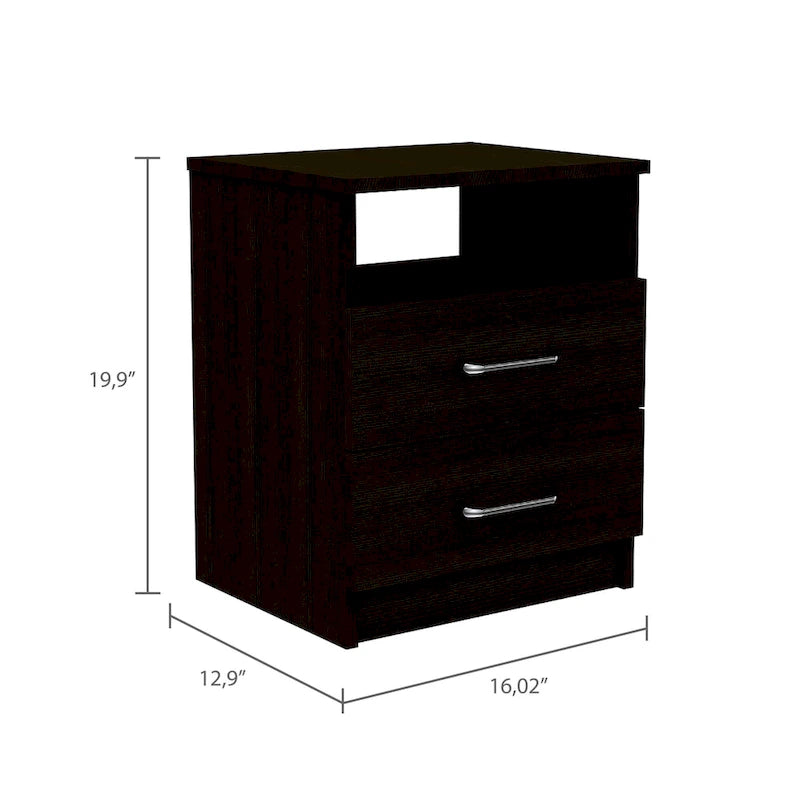 Comodino a 2 cassetti e 1 ripiano, nero / marrone scuro / rovere chiaro / bianco / grigio chiaro, 1 persona