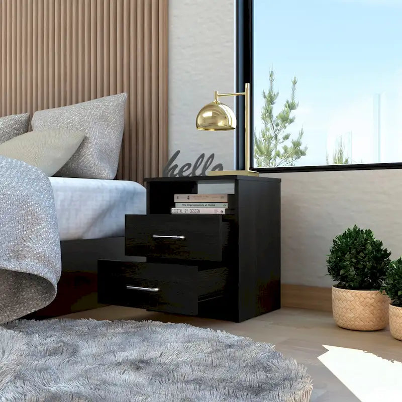 Comodino a 2 cassetti e 1 ripiano, nero / marrone scuro / rovere chiaro / bianco / grigio chiaro, 1 persona