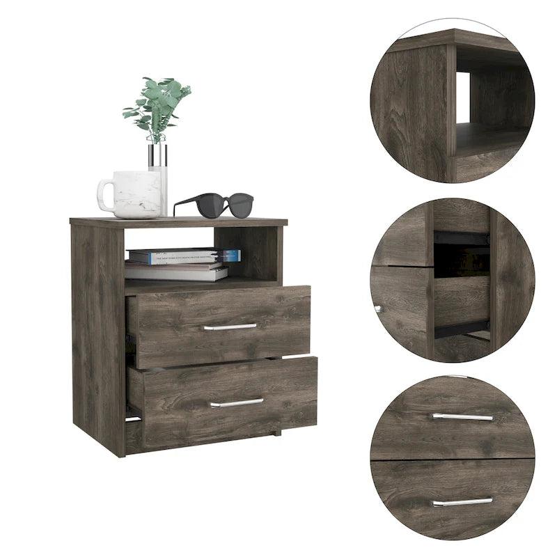 Comodino a 2 cassetti e 1 ripiano, nero / marrone scuro / rovere chiaro / bianco / grigio chiaro, 1 persona