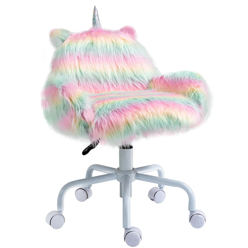 Sedia da ufficio girevole a schienale medio in peluche di unicorno bianca/rosa, 1 persona
