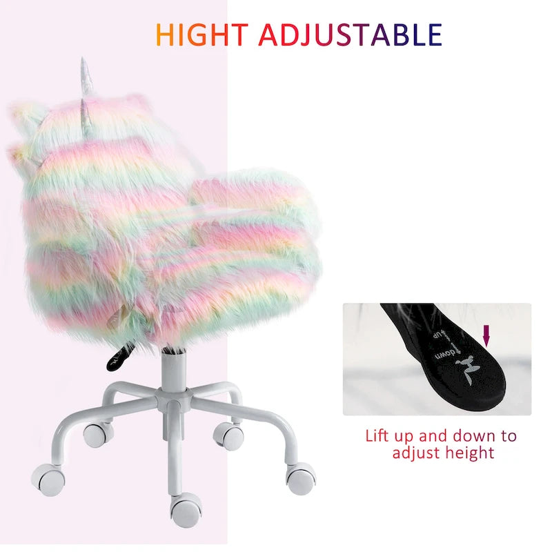 Sedia da ufficio girevole a schienale medio in peluche di unicorno bianca/rosa, 1 persona
