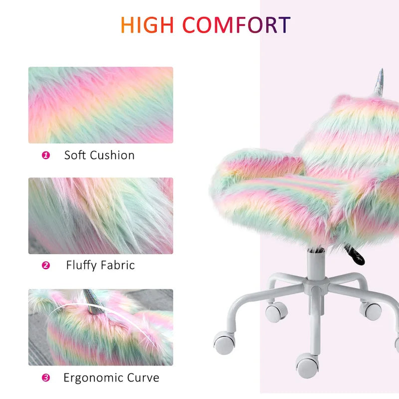 Sedia da ufficio girevole a schienale medio in peluche di unicorno bianca/rosa, 1 persona
