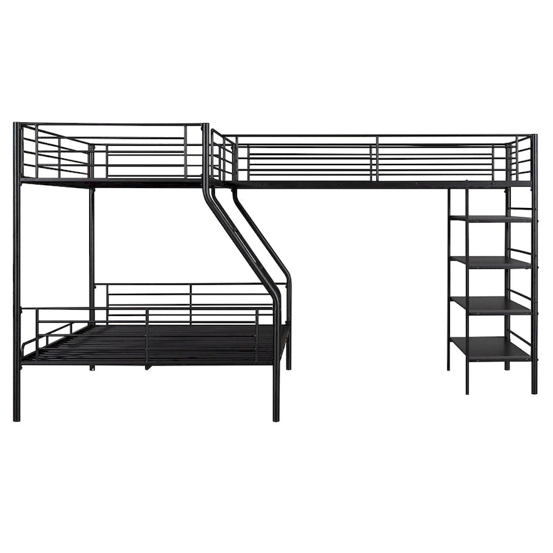 Letto a castello e soppalco a L in metallo nero, 3 posti letto