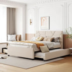 Full Size Upholstered Platform Bed with Brick Pattern Headboard, with Twin Size Trundle and 2 Drawers, Linen, Beige