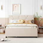 Letto matrimoniale completo in lino beige con testiera a motivi in mattoni, letto estraibile singolo e 2 cassetti, adatto a 2 persone