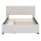 Letto matrimoniale completo in lino beige con testiera a motivi in mattoni, letto estraibile singolo e 2 cassetti, adatto a 2 persone