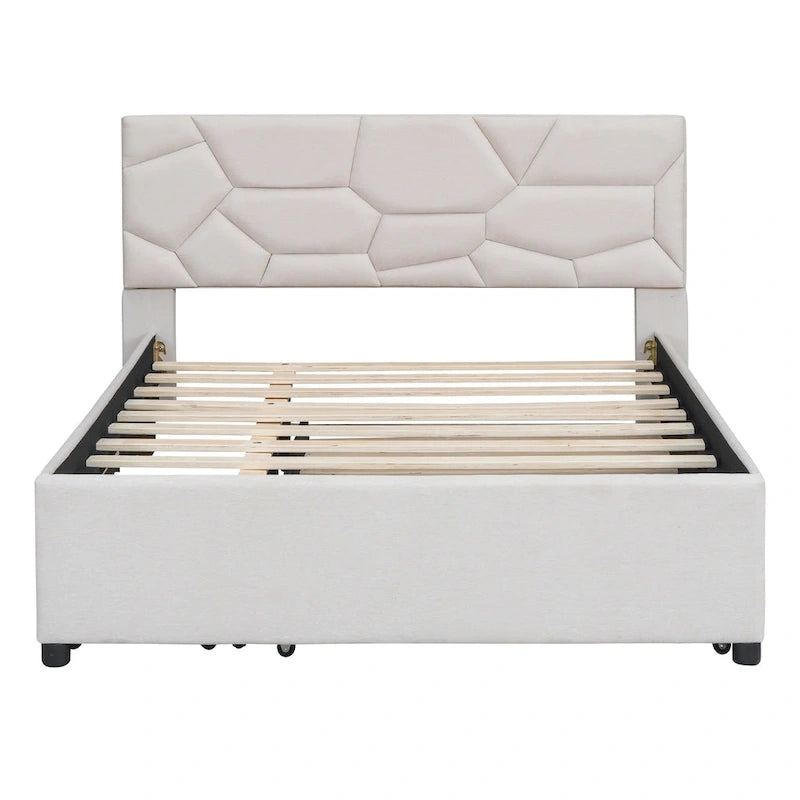 Letto matrimoniale completo in lino beige con testiera a motivi in mattoni, letto estraibile singolo e 2 cassetti, adatto a 2 persone