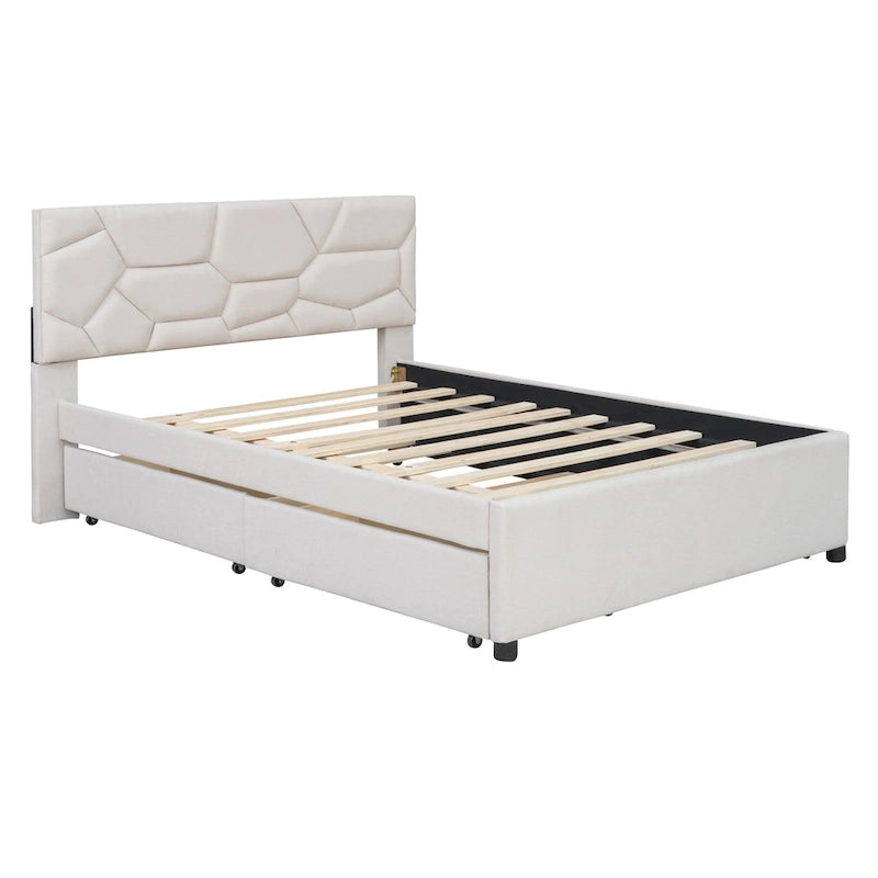 Letto matrimoniale completo in lino beige con testiera a motivi in mattoni, letto estraibile singolo e 2 cassetti, adatto a 2 persone