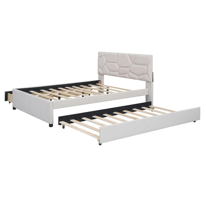 Letto matrimoniale completo in lino beige con testiera a motivi in mattoni, letto estraibile singolo e 2 cassetti, adatto a 2 persone