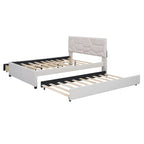 Letto matrimoniale completo in lino beige con testiera a motivi in mattoni, letto estraibile singolo e 2 cassetti, adatto a 2 persone