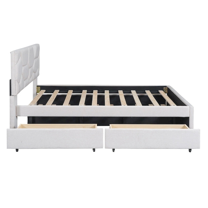 Letto matrimoniale completo in lino beige con testiera a motivi in mattoni, letto estraibile singolo e 2 cassetti, adatto a 2 persone