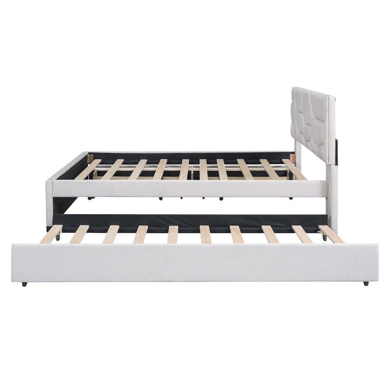 Letto matrimoniale completo in lino beige con testiera a motivi in mattoni, letto estraibile singolo e 2 cassetti, adatto a 2 persone