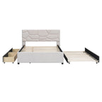 Letto matrimoniale completo in lino beige con testiera a motivi in mattoni, letto estraibile singolo e 2 cassetti, adatto a 2 persone