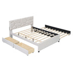Letto matrimoniale completo in lino beige con testiera a motivi in mattoni, letto estraibile singolo e 2 cassetti, adatto a 2 persone