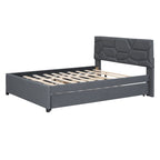 Letto matrimoniale completo in lino beige con testiera a motivi in mattoni, letto estraibile singolo e 2 cassetti, adatto a 2 persone