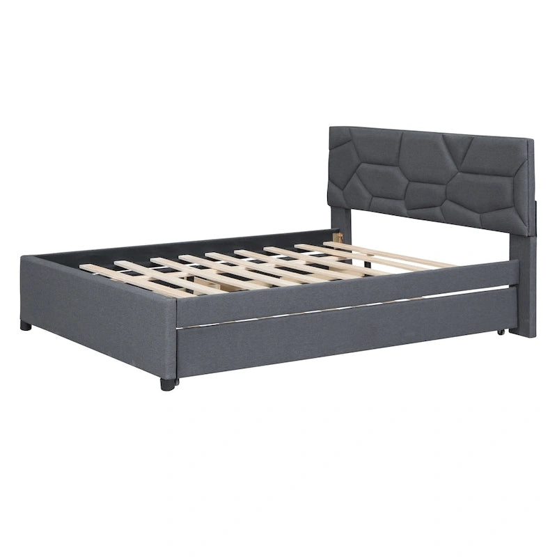 Letto matrimoniale completo in lino beige con testiera a motivi in mattoni, letto estraibile singolo e 2 cassetti, adatto a 2 persone