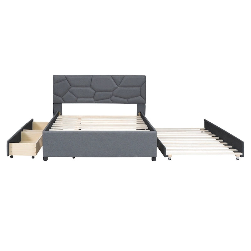 Letto matrimoniale completo in lino beige con testiera a motivi in mattoni, letto estraibile singolo e 2 cassetti, adatto a 2 persone