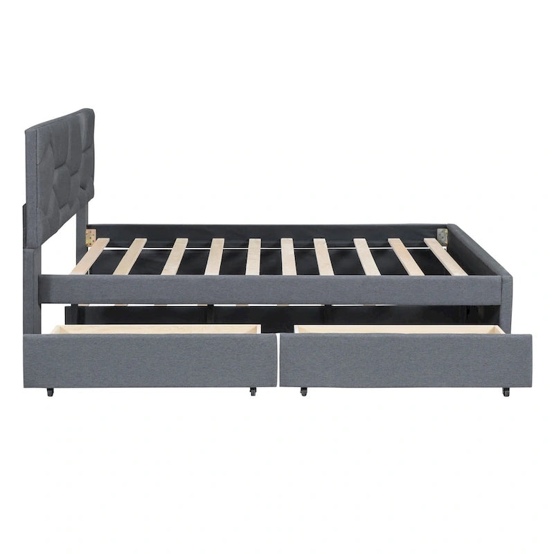 Letto matrimoniale completo in lino beige con testiera a motivi in mattoni, letto estraibile singolo e 2 cassetti, adatto a 2 persone