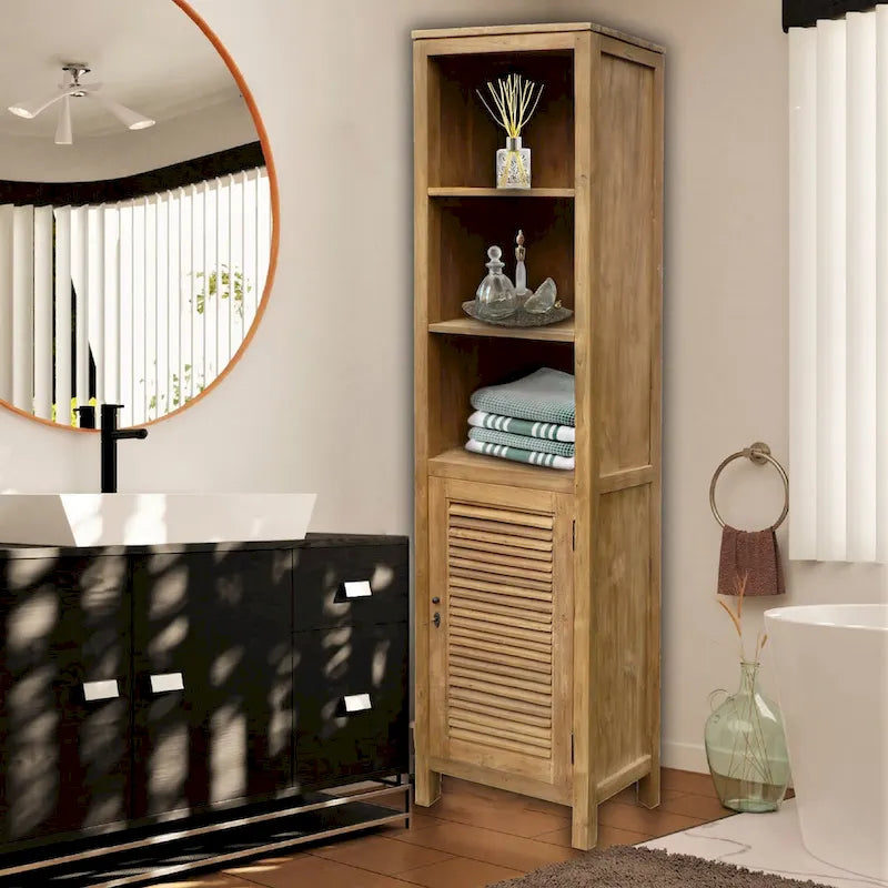 Armadietto da bagno in teak con persiana finitura miele marrone – 1 anta e 3 ripiani