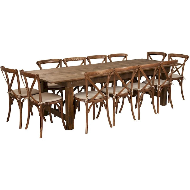 Set tavolo da fattoria pieghevole rustico antico, 12 posti a sedere