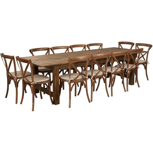 Set tavolo da fattoria pieghevole rustico antico, 12 posti a sedere