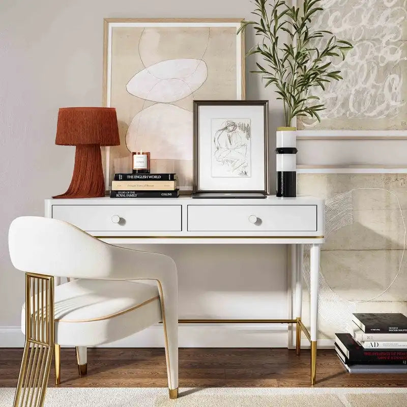 Scrivania Art Déco con due cassetti, bianco sporco/nero, 1 persona