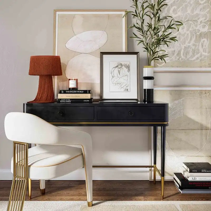 Scrivania Art Déco con due cassetti, bianco sporco/nero, 1 persona