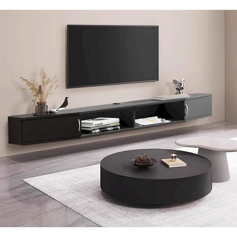 Mensola TV a parete sospesa nera con luci LED, Singola