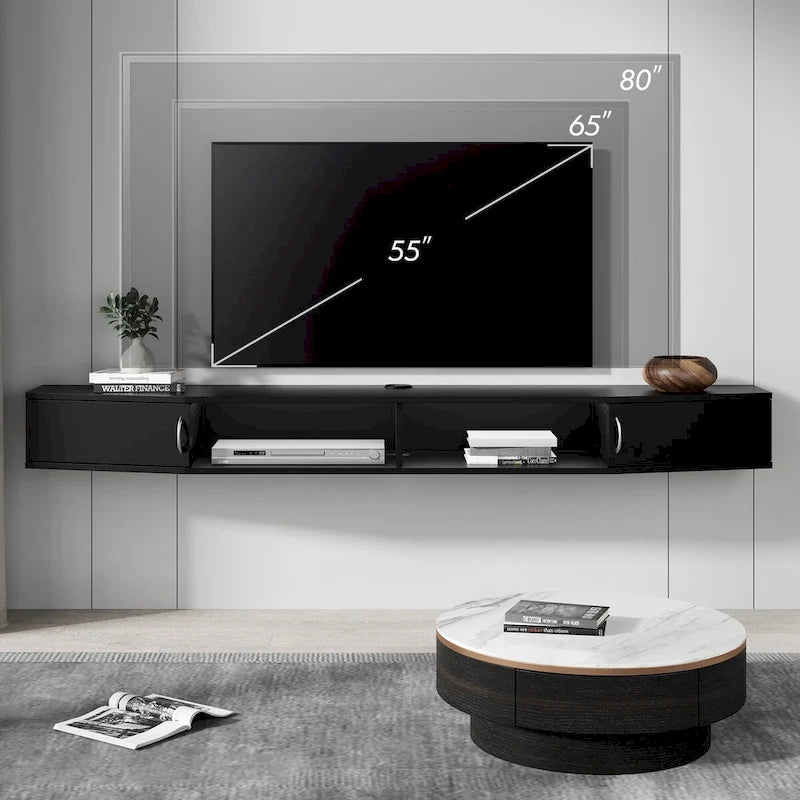 Mensola TV a parete sospesa nera con luci LED, Singola
