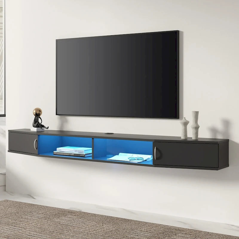 Mensola TV a parete sospesa nera con luci LED, Singola