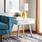 Tavolino rotondo Mid-Century con cappuccio dorato – Blu navy / Bianco / Marrone | 61 cm L x 61 cm P x 56,6 cm H