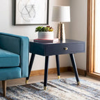 Tavolino rotondo Mid-Century con cappuccio dorato – Blu navy / Bianco / Marrone | 61 cm L x 61 cm P x 56,6 cm H