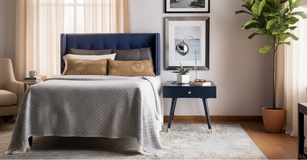 Tavolino rotondo Mid-Century con cappuccio dorato – Blu navy / Bianco / Marrone | 61 cm L x 61 cm P x 56,6 cm H