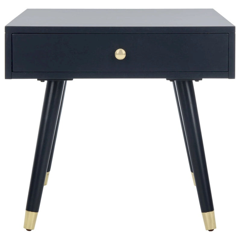 Tavolino rotondo Mid-Century con cappuccio dorato – Blu navy / Bianco / Marrone | 61 cm L x 61 cm P x 56,6 cm H