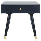 Tavolino rotondo Mid-Century con cappuccio dorato – Blu navy / Bianco / Marrone | 61 cm L x 61 cm P x 56,6 cm H