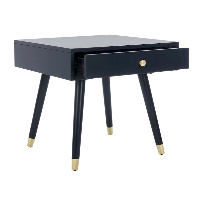 Tavolino rotondo Mid-Century con cappuccio dorato – Blu navy / Bianco / Marrone | 61 cm L x 61 cm P x 56,6 cm H