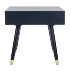 Tavolino rotondo Mid-Century con cappuccio dorato – Blu navy / Bianco / Marrone | 61 cm L x 61 cm P x 56,6 cm H