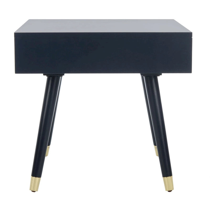 Tavolino rotondo Mid-Century con cappuccio dorato – Blu navy / Bianco / Marrone | 61 cm L x 61 cm P x 56,6 cm H
