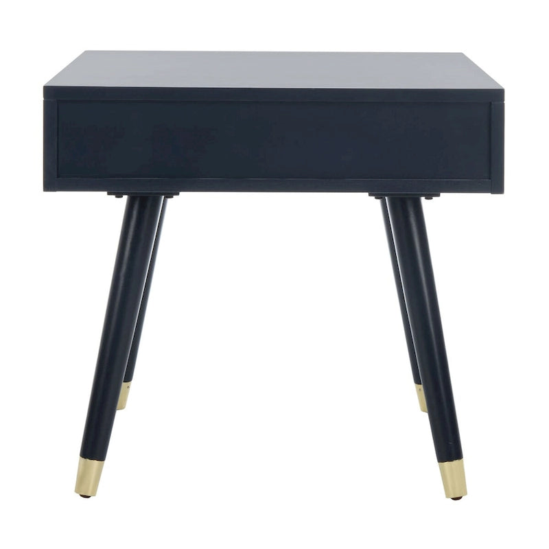 Tavolino rotondo Mid-Century con cappuccio dorato – Blu navy / Bianco / Marrone | 61 cm L x 61 cm P x 56,6 cm H