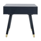 Tavolino rotondo Mid-Century con cappuccio dorato – Blu navy / Bianco / Marrone | 61 cm L x 61 cm P x 56,6 cm H
