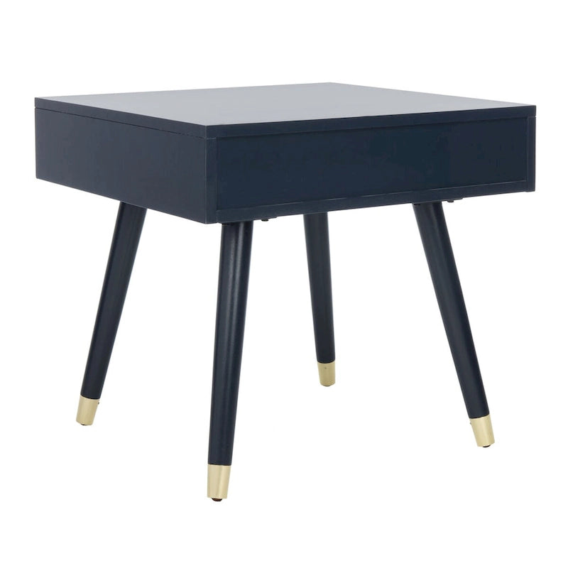 Tavolino rotondo Mid-Century con cappuccio dorato – Blu navy / Bianco / Marrone | 61 cm L x 61 cm P x 56,6 cm H