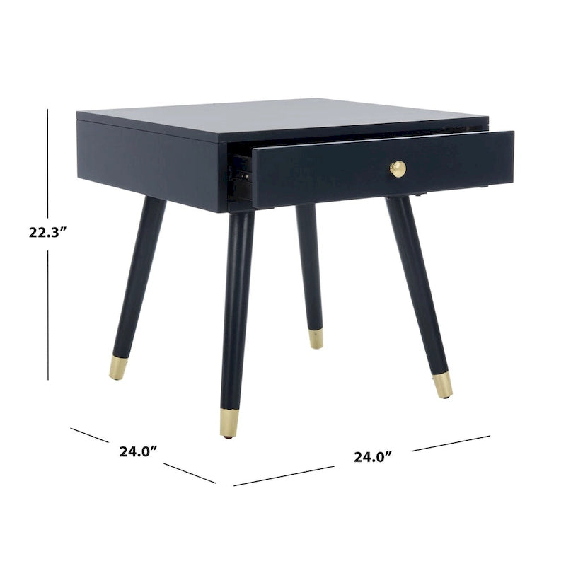Tavolino rotondo Mid-Century con cappuccio dorato – Blu navy / Bianco / Marrone | 61 cm L x 61 cm P x 56,6 cm H