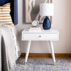 Tavolino rotondo Mid-Century con cappuccio dorato – Blu navy / Bianco / Marrone | 61 cm L x 61 cm P x 56,6 cm H