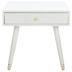 Tavolino rotondo Mid-Century con cappuccio dorato – Blu navy / Bianco / Marrone | 61 cm L x 61 cm P x 56,6 cm H
