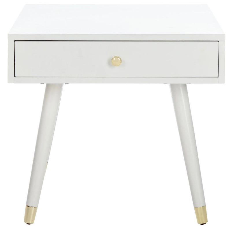 Tavolino rotondo Mid-Century con cappuccio dorato – Blu navy / Bianco / Marrone | 61 cm L x 61 cm P x 56,6 cm H